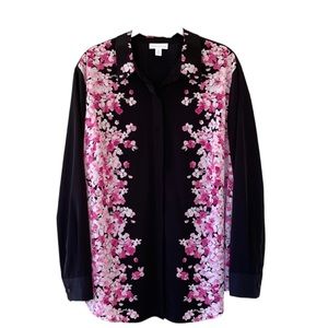 Chicos Black Floral-Stripe Button Front Blouse - Pink Floral